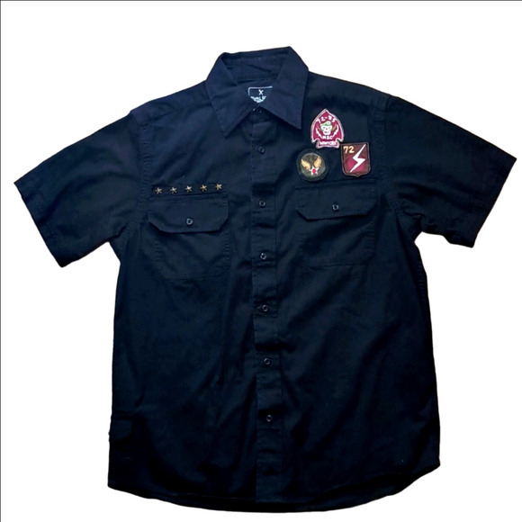 Marc Ecko Black Casual Button Down Shirt with Edgy Floral Embroidery - Picture 1 of 4